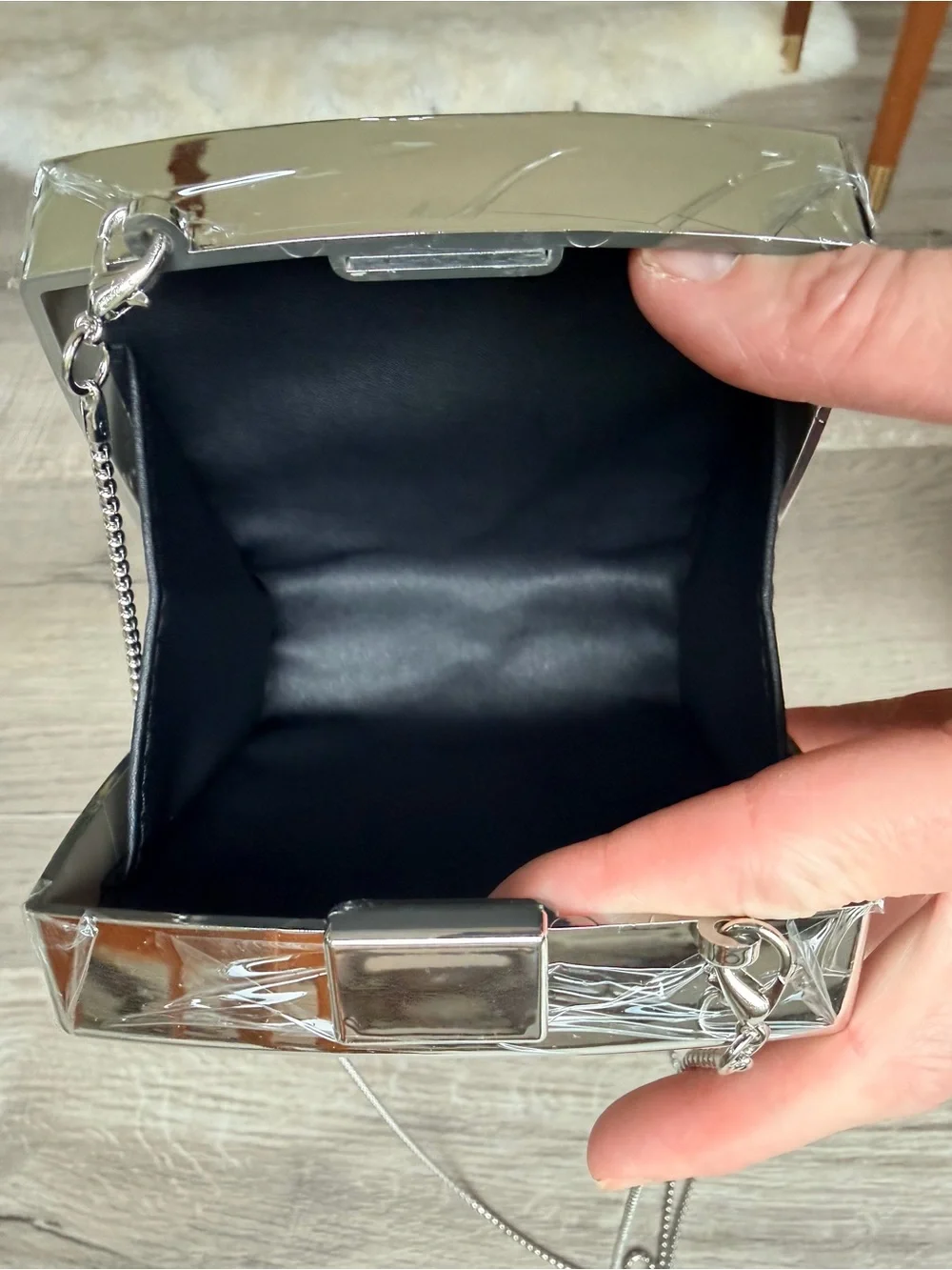 SEALED Source Unknown Silver Chanel Crystal Inset Perfume Bottle Clutch on Chain